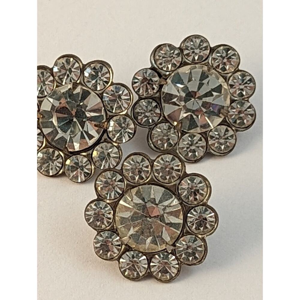 3 Vtge Rhinestone Buttons 7/8" Curved Shanks Clear On Silver Color - Picture 4 of 8